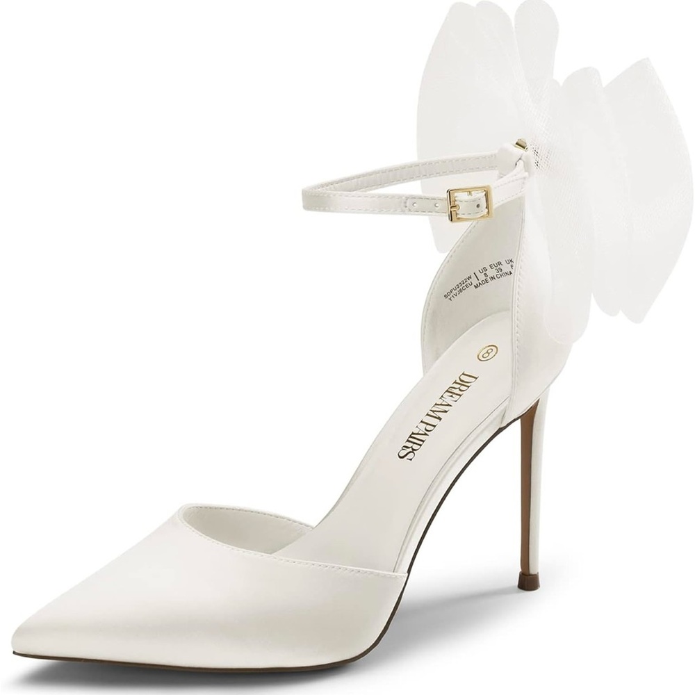 Dream Pairs White Satin Heels with Removable Bow